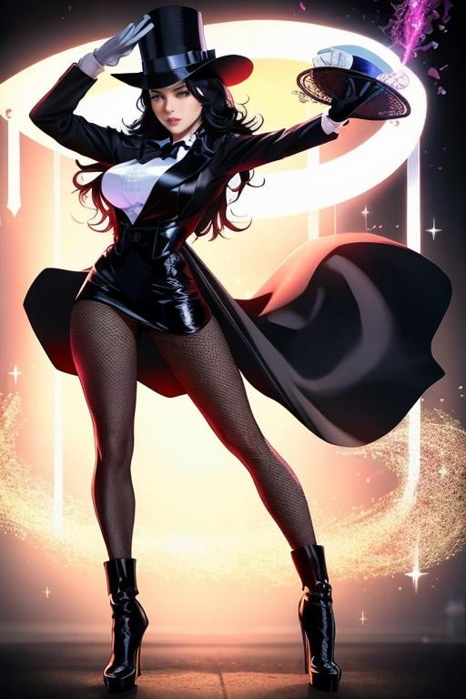 masterpiece,best quality,highres,realistic,1girl,full body,<lora:Zatanna:0.6>, black_hair,long_hair,hat,fishnet_legwear,pantyhose,magician,white_gloves,