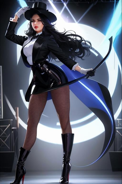 masterpiece,best quality,highres,realistic,1girl,full body,<lora:Zatanna:0.6>, black_hair,long_hair,hat,fishnet_legwear,pantyhose,magician,white_gloves,standing on one leg, 