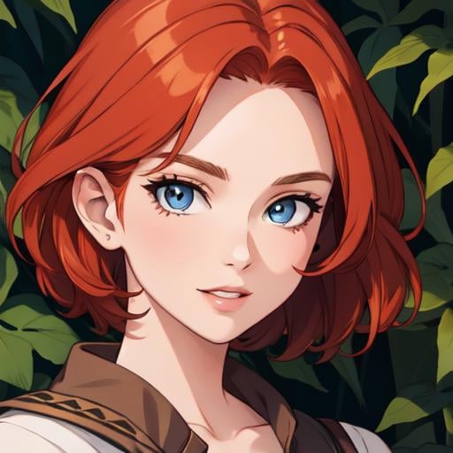 a pretty woman with short ginger hair, perfect face, happy, laughing, forest background, sharp, extreme detailed, HD, HDR, 4K, masterpiece, high quality, high resolution, breathtaking, award-winning, professional, detailed face, detailed eyes, detailed hair, beautiful, hotify, prettify, prettyeyes