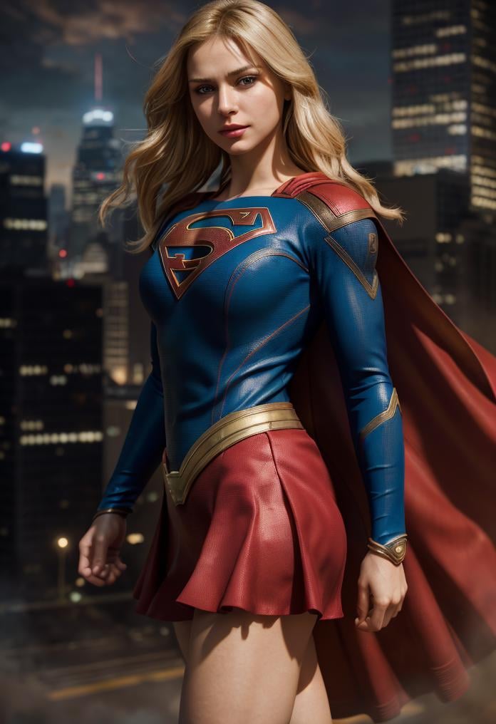 Supergirl , hero, hair short blonde, ((masterpiece)), ((best quality)), (ultra-detailed), absurdres, extremely detailed CG unity 8k wallpaper,Accurate describe shapes, (realistic), beautiful face, detailed hands, expressive eyes, upper body, ((close-up)), solo, city, scenery, dramatic light, (standing, superhero) , ((masterpiece)), absurdres, HDR <lora:epi_noiseoffset2:0.7>