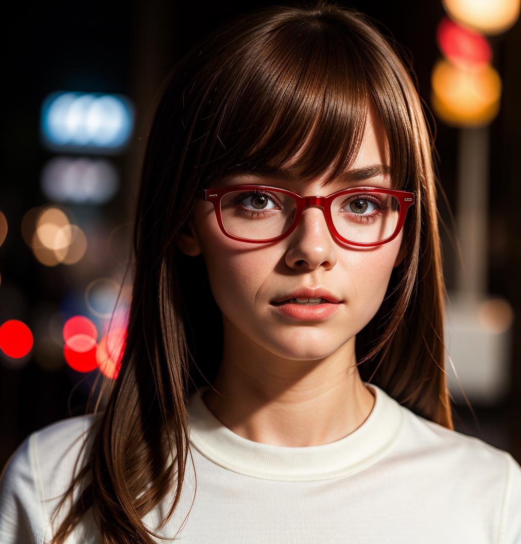 1girl, (young:1.3) ,glasses red,  fringe, short and long red, photo,8k,sharp focus, face beautiful, Best quality, masterpiece, ultra high res, (photorealistic:1.4), eyes, raw photo,  cinematic lighting, white glitter pullover shirt