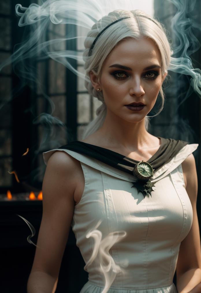 witch, hair white, Best quality, smoke green, Pumpkin Halloween, masterpiece, ultra high res, (photo realistic:1.4), raw photo, cinematic lighting, blender, 8 k, Decide on the type of magic your witch practices. Is it elemental magic, potion-making, or spellcasting? Be creative with their magical abilities.