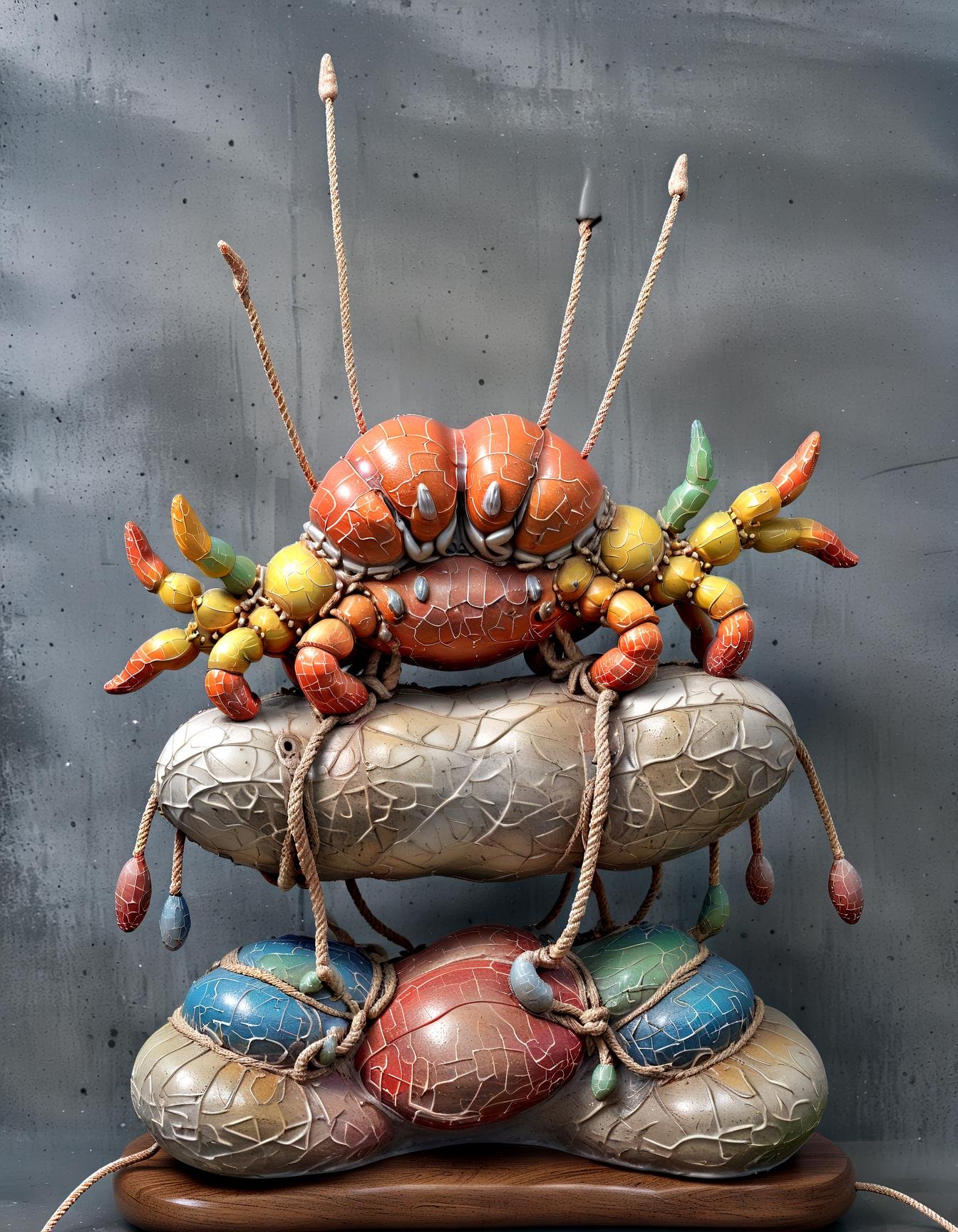 a crab stone sculpture, ropes, colorfull,(Keresztes:1.3), hyperrealistic, photorealistic,