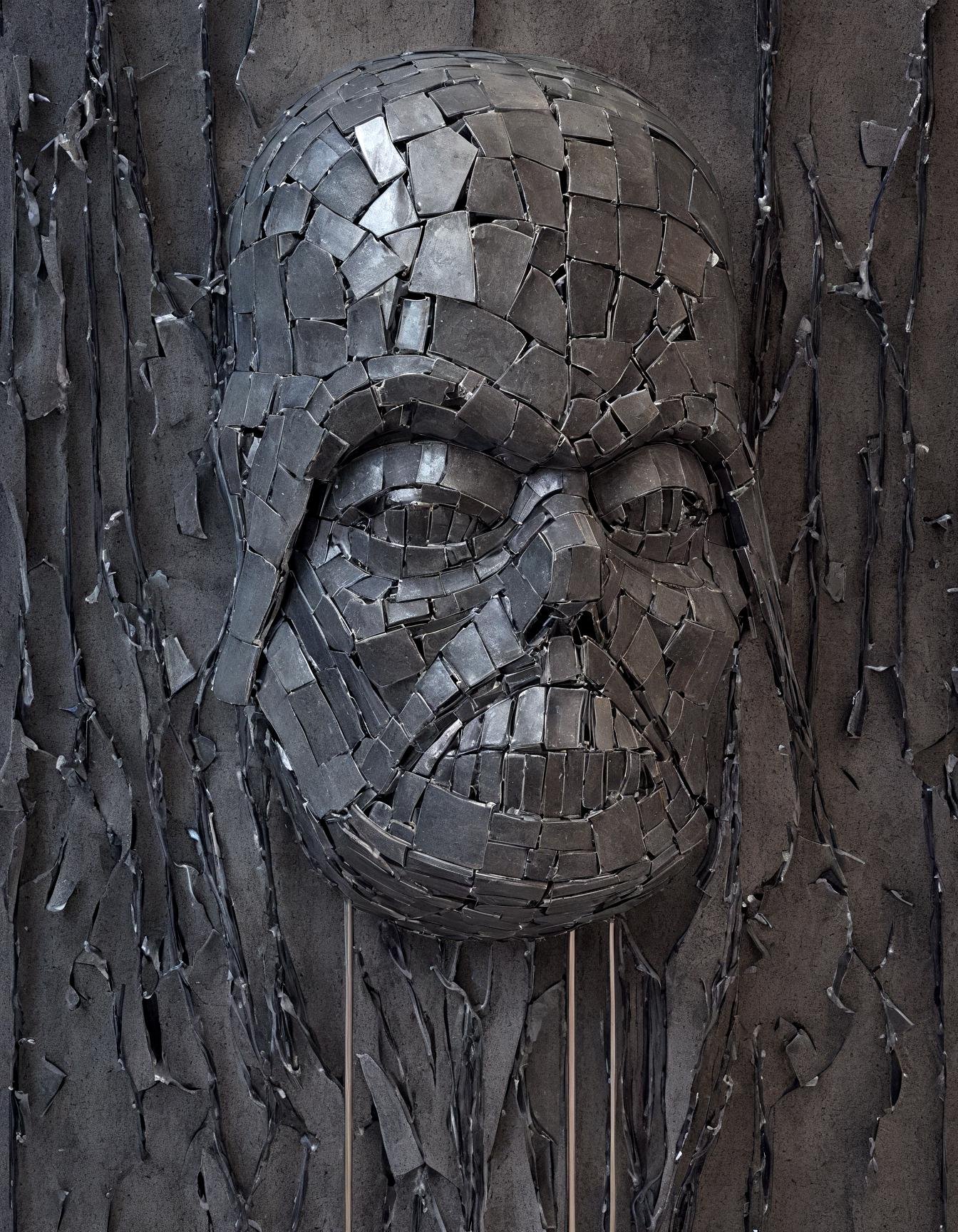 dath vader as a sculptural piece that embodies fragmented memories. Utilize mixed media, incorporating elements like shattered glass, porcelain shards, and vintage photographs seamlessly woven into an abstract, interconnected structure. Emphasize the fragility and beauty in the broken.,(Keresztes:1.1) ,hyperrealistic, photorealistic, ,