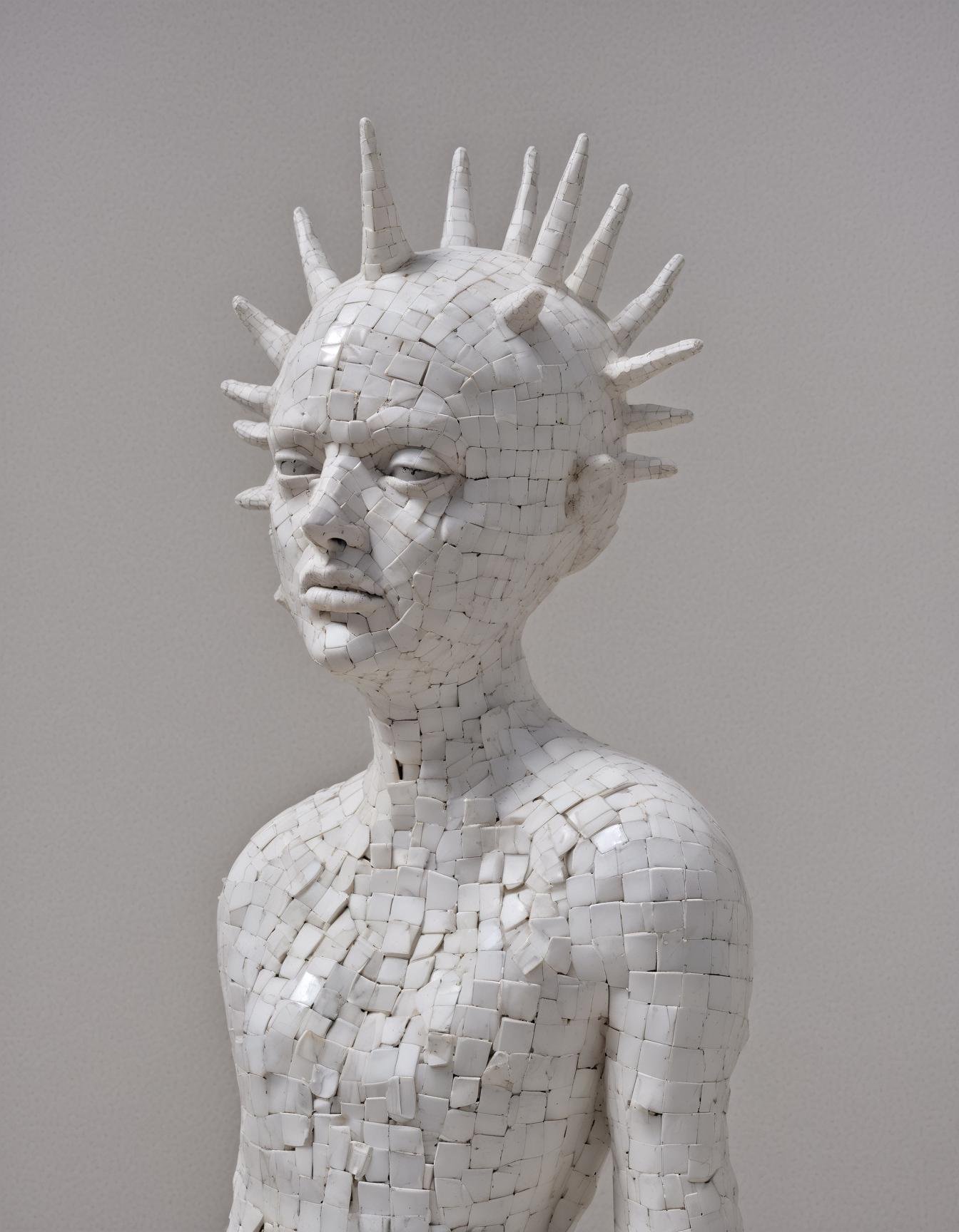 (Hellraiser pinhead:1.5) portrait as sculpture made of Delicate porcelain shards,geometric patterns, ethereal fabric wisps, suspended in midair, ghostly whispers, fragmented memories, surreal elegance, ephemeral existence, haunting beauty, black and white , ropes, (horror:1.05),(Keresztes:1.2), hyperrealistic, photorealistic,