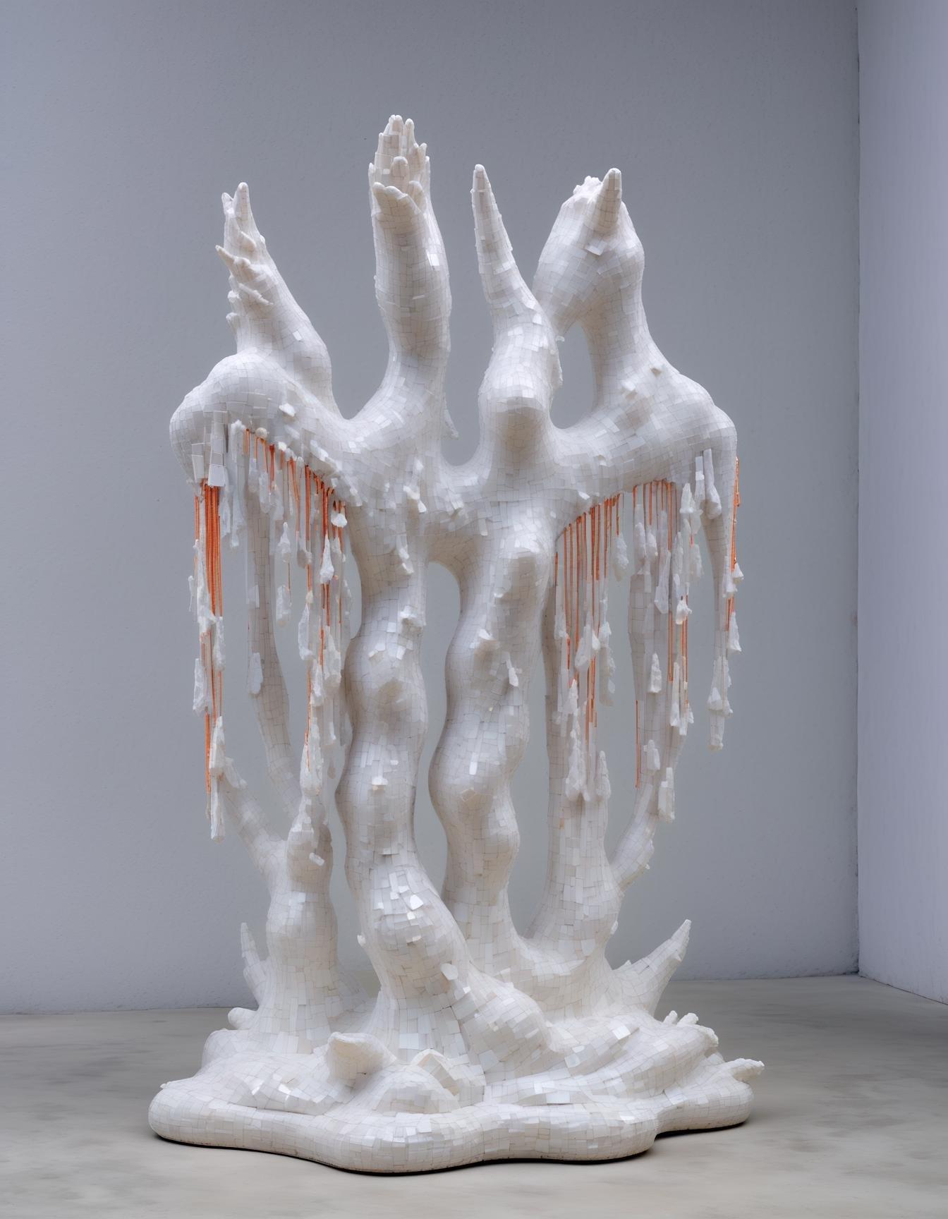 sculpture made of Delicate porcelain shards,geometric patterns ethereal fabric wisps, suspended in midair, ghostly whispers, fragmented memories, surreal elegance, ephemeral existence, haunting beauty, colorful , Architectural Digest Fashion Feature,(Keresztes:1.3), hyperrealistic, photorealistic,