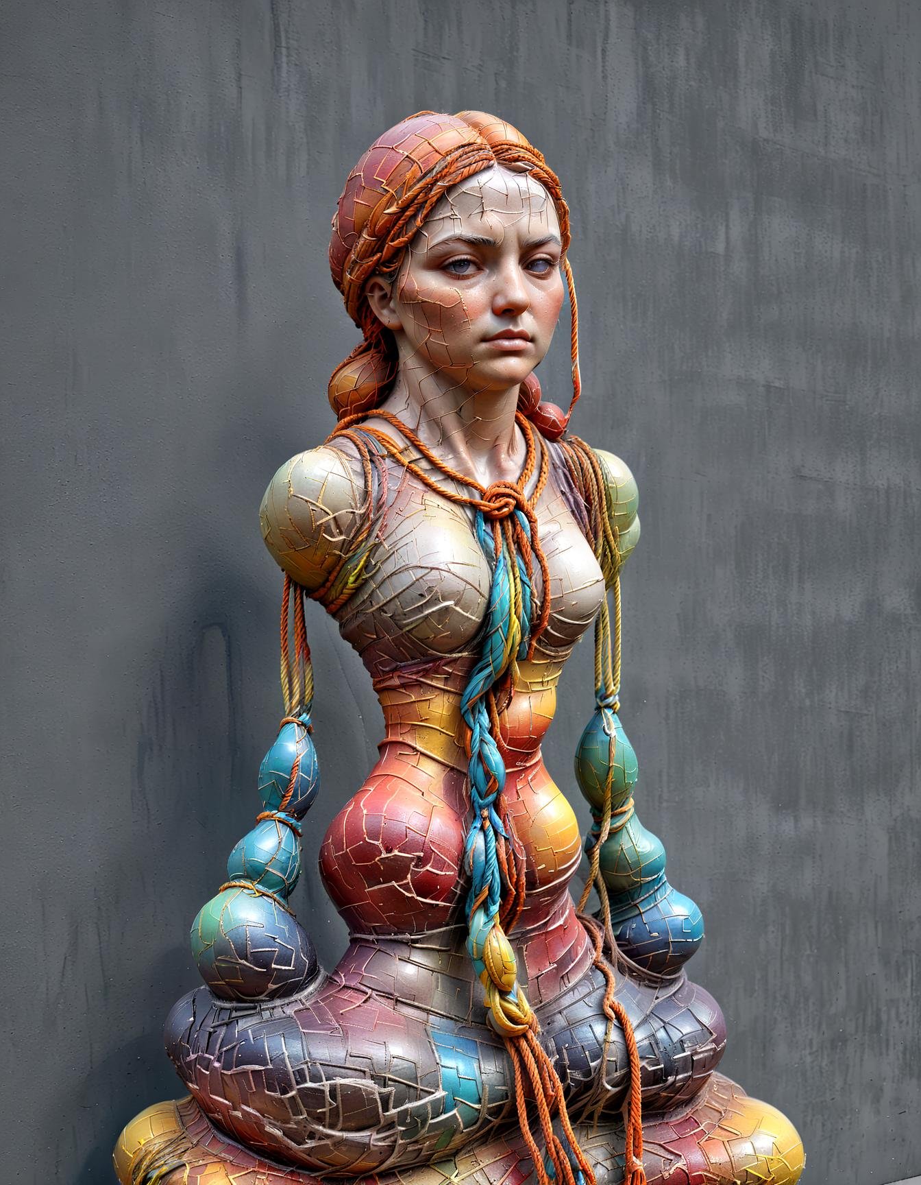 she as stone sculpture, ropes, colorfull,(Keresztes:1.3), hyperrealistic, photorealistic,