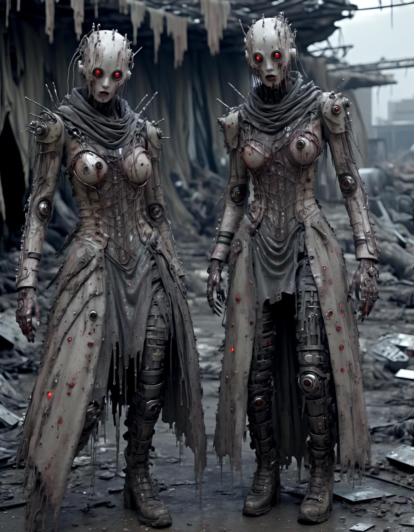 Corroded metal limbs, glitching LED eyes, blood-stained fabrics, cybernetic haute couture, android couturiers, Futuristic Fashion of Fear, post-apocalyptic wasteland setting.,detailed, ,