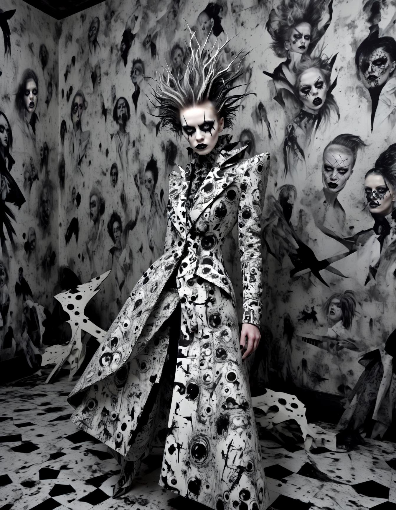 close up portrait, Chaotic black and white patterns, asymmetrical silhouettes, deranged tailoring, surrealistic haute couture, Vogue of Madness, an insane asylum backdrop with stark contrasts, horror, painted with a chainsaw,detailed, ,
