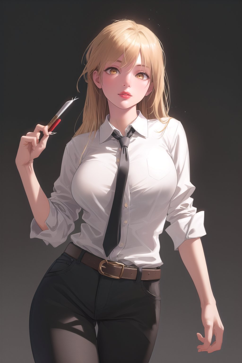 1girl,  denji,  yellow-brown eyes, blonde hair,  big body, long hair,  large breasts, collared shirt,  black necktie, sleeves rolled up, black pants, belt,  sexy woman face, smooth hair,  shiny eyes,  sharpen,  beautiful detailed eyes,  highly detailed,  8K,  golden ratio,  featured on pixiv,  Unreal Engine,  face enhance,  golden ratio,  fine art,  soft,  volumetric fog,  background,  octane render,  ray tracing,  ambient oclusion,  cgi,  soft lighting,  detailed face,  detailed body,  detailed hair,  masterpiece,  best quality,  absurdres,  red lips,  ((cowboy shot)),  ((clarity)),  ((goddess, )) ((cute)),  ((slim)), ((perfect anatomy)),  ((seductive)),  ((flawless)),  ((beautiful)),  clean,  ((perfect)),  ultra realistic,  photorealistic lighting,  professional work,  cute eyes,  cuties lips, <lora:EMS-73404-EMS:1.000000>