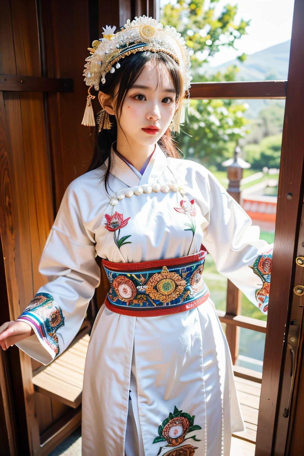  miaozu,1girl,moyou, detailed high, high precision, high quality, the UHD, 16 k, rich details, abundant element, shows that a girl, beautiful, lotus, lotus leaf, pearlygates, traditional clothing, clothing patterns, miao clothing headwear