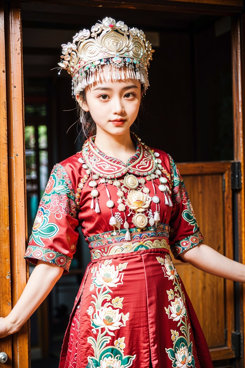  miaozu, Detail High, precision high, high quality, UHD, 16K, detail rich, rich elements, description, 1 girl, beauty, Lotus, Lotus, pearlygates, traditional dress, red dress, patterned dress, miao costumes,han,rainbow girl