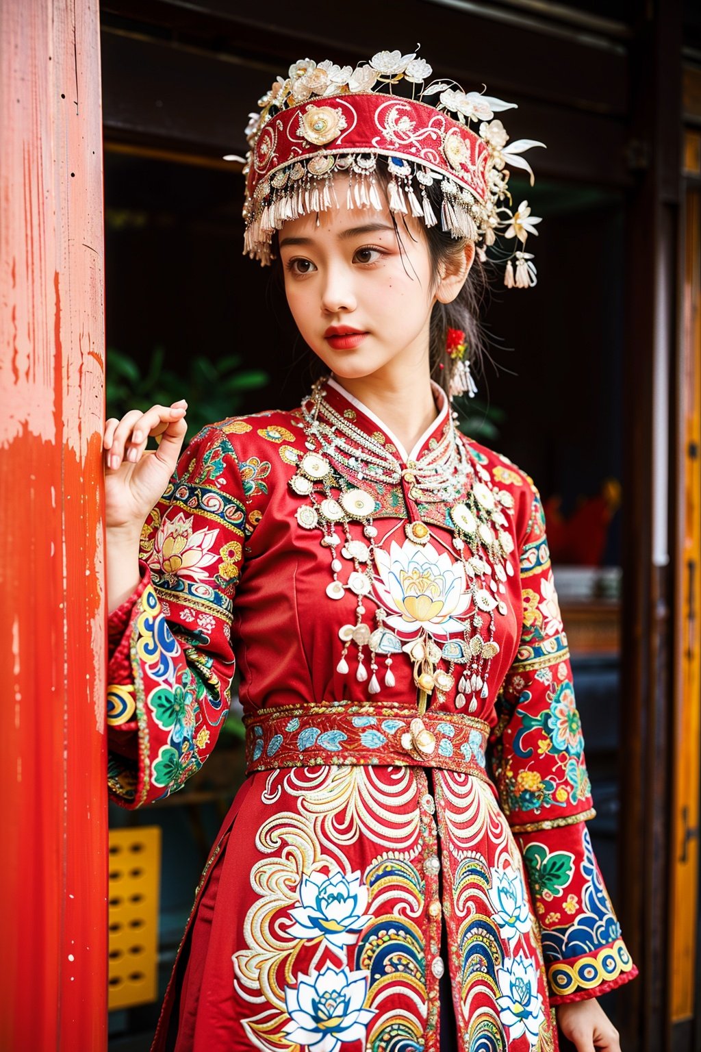  miaozu, Detail High, precision high, high quality, UHD, 16K, detail rich, rich elements, description, 1 girl, beauty, Lotus, Lotus, pearlygates, traditional dress, red dress, patterned dress, miao costumes,han,rainbow girl