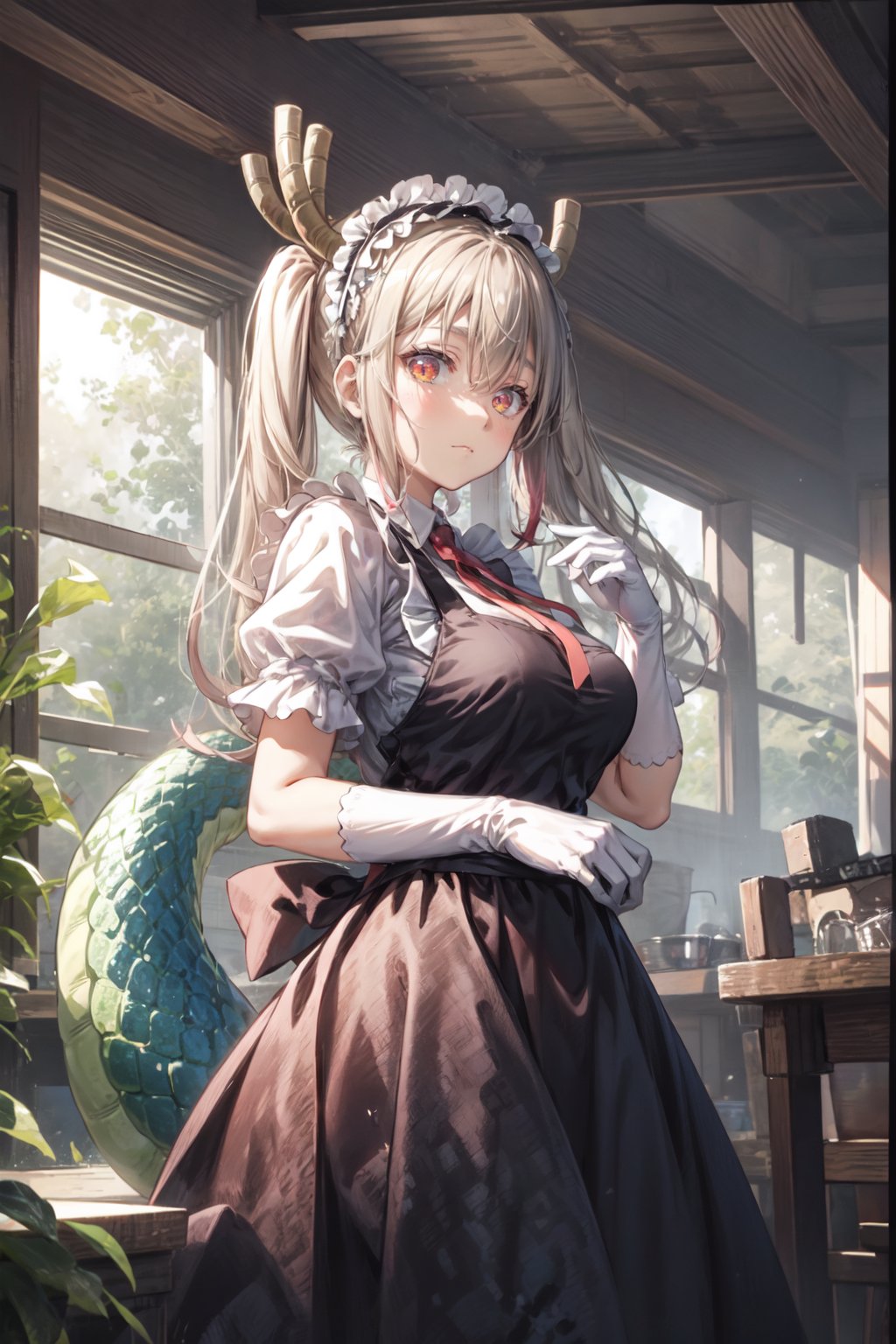 tohru, 1girl, long hair, horns, dragon horns, solo, dragon girl, twintails, looking at viewer, maid headdress, slit pupils, large breasts, maid, gloves, white gloves, hair between eyes, tail, dragon tail, short sleeves, dress, scales <lora:Tohru:1> <lora:more_details:0.7> <lora:aki:1>