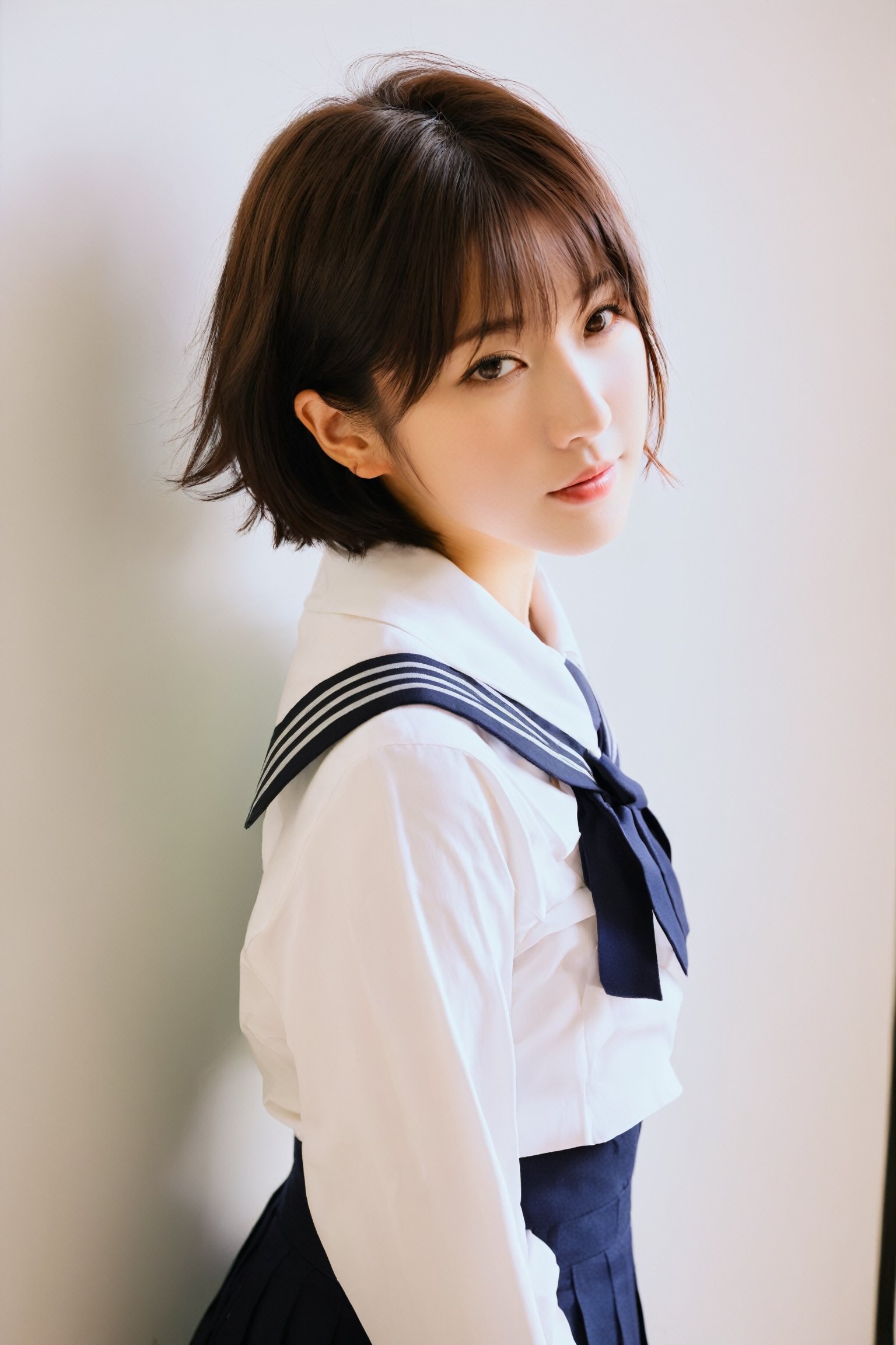 (1girl), standing, fluffy short hair, glowing skin, japanese JK SCHOOL UNIFORM, looking at viewer