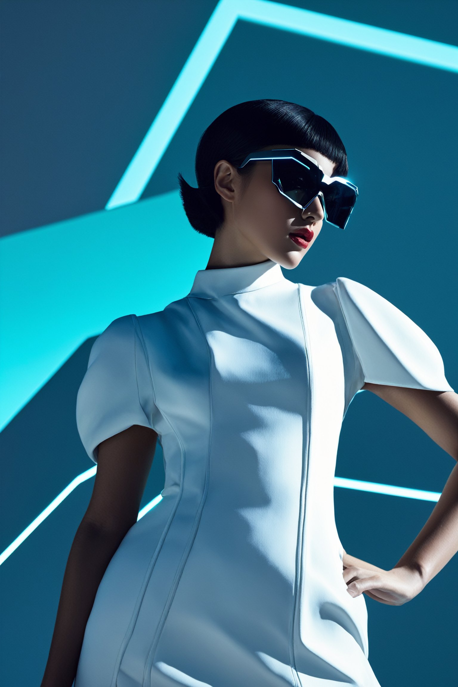 1girl, Textured garments, poised poise, dramatic angles, geometric shapes, contrasts of light and shadow, slick futurism, avant-garde styling, high-tech backdrop, crisp lines, ultra-high resolution, neon background