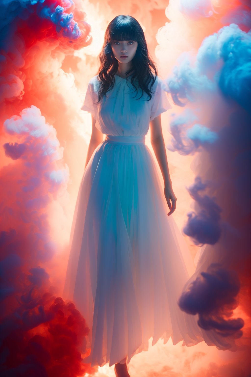 photorealistic,realistic,photography,masterpiece,best quality,ultra-detailed,extremely detailed CG unity 8k wallpaper,1girl,water,full body,red|blue smoke,jeans,white dress,sexy,black long straight hair,