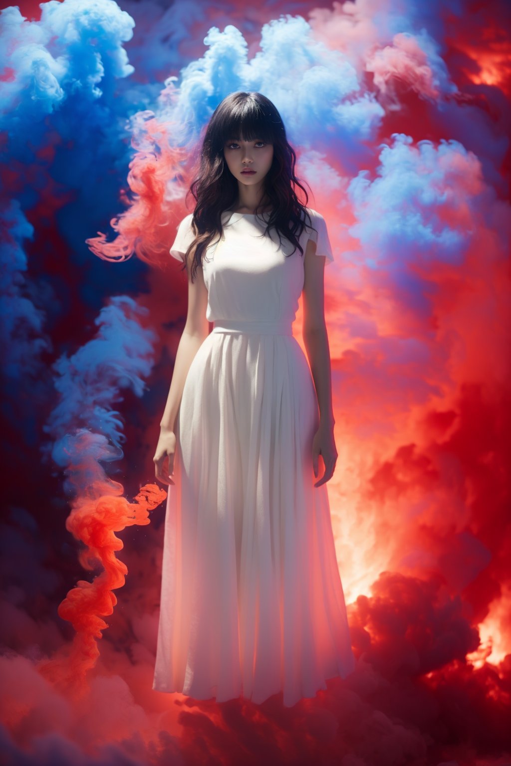 photorealistic,realistic,photography,masterpiece,best quality,ultra-detailed,extremely detailed CG unity 8k wallpaper,1girl,water,full body,red|blue smoke,jeans,white dress,sexy,black long straight hair,