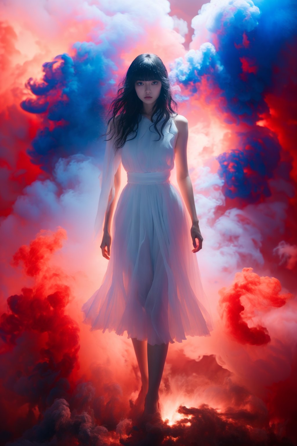 photorealistic,realistic,photography,masterpiece,best quality,ultra-detailed,extremely detailed CG unity 8k wallpaper,1girl,water,full body,red|blue smoke,jeans,white dress,sexy,black long straight hair,