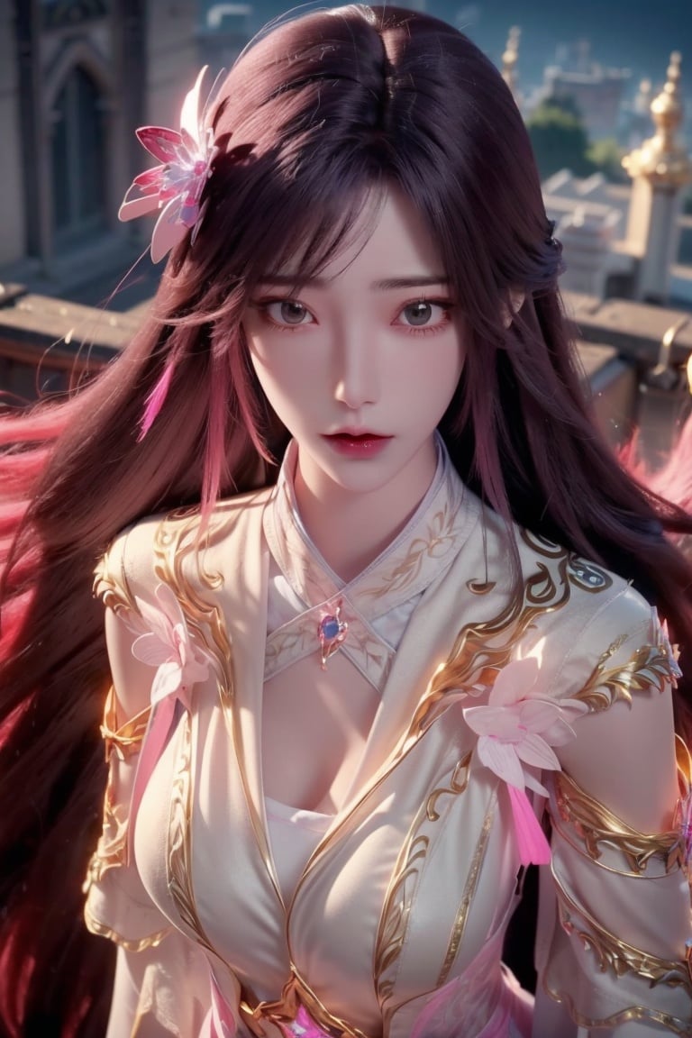  (aerial view,view of city),1girl flying in air,beautiful cute crystal girl in 26 years old, wearing crystal wear, the crystal is evil, black and pink and red glowing crystal, crystal pink hair, the power is every wear, she is evil but cute, the crystal is evil and glowing black and pink and red colors, detailed evil eyes,she has a serious expression and her lips are closed glowing crystal wear, (incredible details, cinematic ultra wide angle, depth of failed, hyper detailed, insane details, hyper realistic, high resolution, cinematic lighting, soft lighting, incredible quality, dynamic shot,,Hair with scenery,baiyueguangya,huliya,glint sparkle,1 girl,yunxi