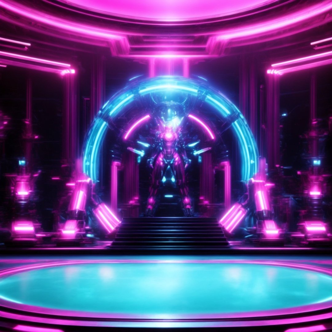  Best quality, 8k, cg,A futuristic scene, neon lights, circles, ocean punk lights, extreme
The stage of minimalism,Detail Texture,Turquoise and Magenta 3:4,Mecha background