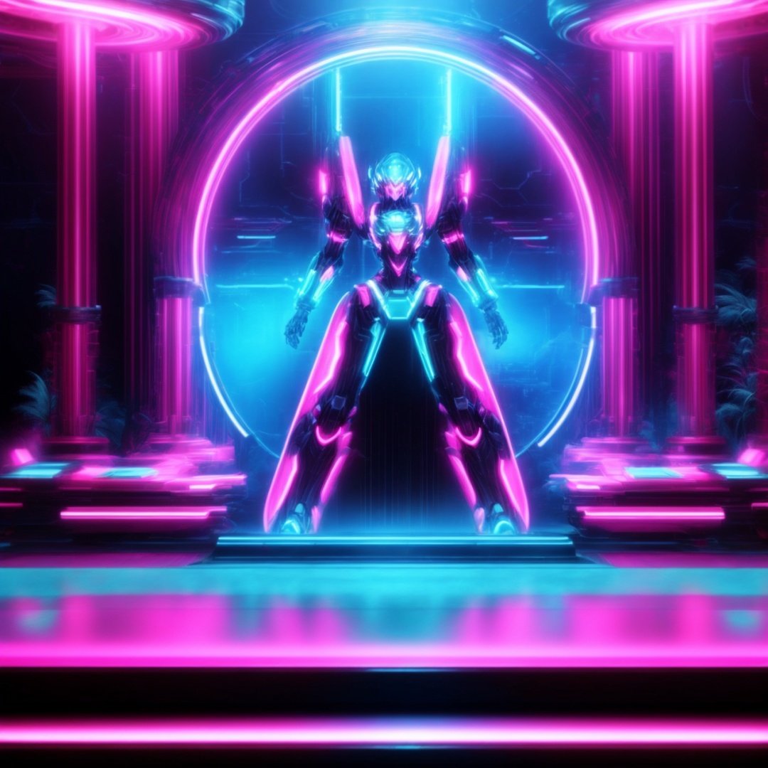  Best quality, 8k, cg,A futuristic scene, neon lights, circles, ocean punk lights, extreme
The stage of minimalism,Detail Texture,Turquoise and Magenta 3:4,Mecha