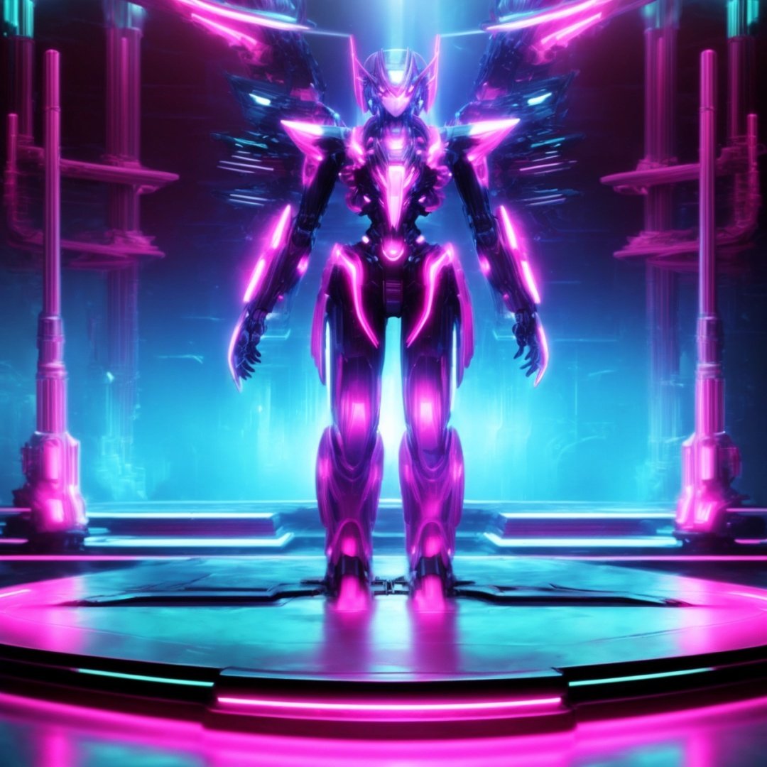  Best quality, 8k, cg,A futuristic scene, neon lights, circles, ocean punk lights, extreme
The stage of minimalism,Detail Texture,Turquoise and Magenta 3:4,Mecha background