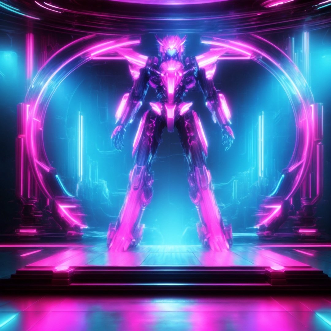  Best quality, 8k, cg,A futuristic scene, neon lights, circles, ocean punk lights, extreme
The stage of minimalism,Detail Texture,Turquoise and Magenta 3:4,Mecha