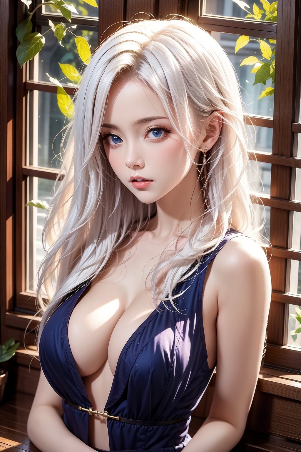 masterpiece ,1girl,white hair,long hair,blue eyes,cleavage,solid background,upper body, emma, windowsill,vine