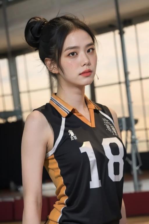 1girl, volleyball uniform, ((slim face)), tall figure, slender, broad shoulder, eyeliner, eyelashes, perfect face, perfect skin, ((ultra-detailed eyes)), ((big iris)), dim lighting, bokeh, ((indoor stadium)), audience, sleeveless, (masterpiece, high quality:1.2), arms arms behind back, perfect nose, bare face, ((closed mouth)), (((black jersey))), sport attire,  top hair bun, <lora:haikyuu:1> <lora:jisoolorashy:1>