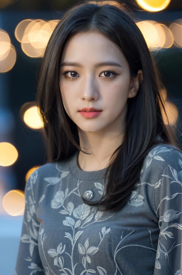 Fujifilm XT3, close up photo, masterpiece, best quality, (((1girl))), solo, realistic, (bokeh:1.5), (intricate, highly detailed:1.2), ((looking at viewer)), photorealistic, (extremely detailed face), looking at viewer, ((ultra-detailed eyes and pupils)), black eyes, ultra detailed, (standing against a street at night), (night:1.5), dress, <lora:jisoolorashy:1>