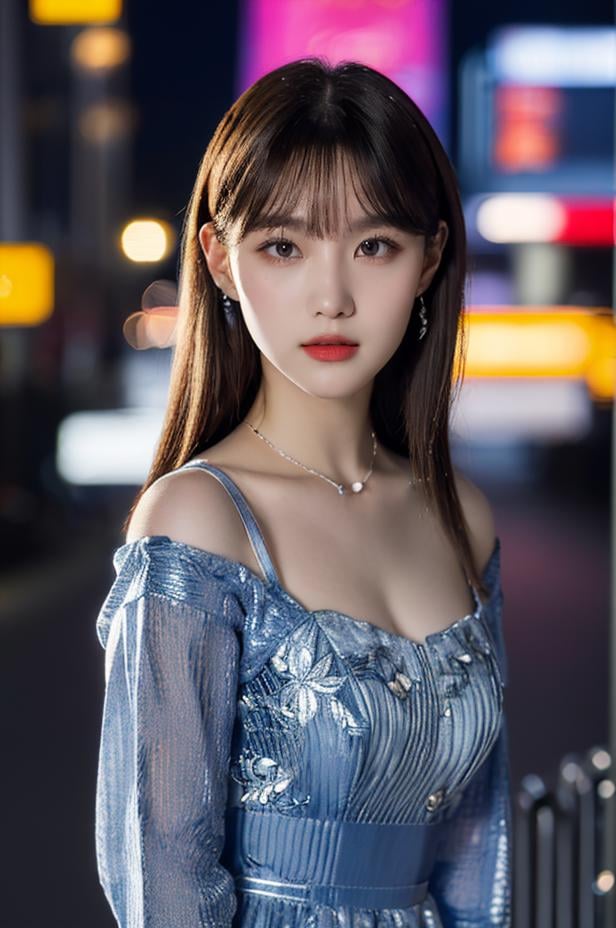 Fujifilm XT3, masterpiece, best quality, (((1girl))), solo, realistic, (bokeh:1.5), (intricate, highly detailed:1.2), ((looking at viewer)), photorealistic, (extremely detailed face), looking at viewer, ((ultra-detailed eyes and pupils)), black eyes, ultra detailed, (standing against a street at night), (night:1.5), tight dress, bangs, <lora:chaehyunlorashy:1>