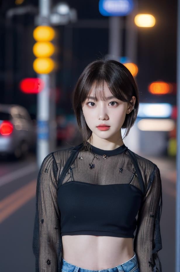 Fujifilm XT3, masterpiece, best quality, (((1girl))), solo, realistic, (bokeh:1.5), (intricate, highly detailed:1.2), ((looking at viewer)), photorealistic, (extremely detailed face), looking at viewer, ((ultra-detailed eyes and pupils)), black eyes, ultra detailed, (standing against a street at night), (night:1.5), crop top, navel, abs, bangs, <lora:chaehyunlorashy:1>