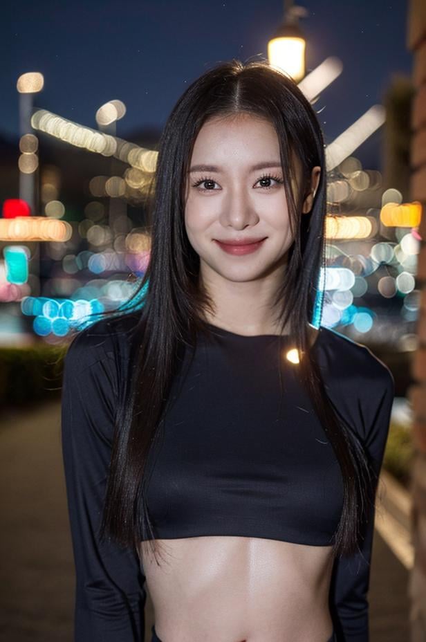 best quality, (((1girl))), solo, (bokeh:1.5), ((looking at viewer)), looking at viewer, ((ultra-detailed eyes and pupils)), black eyes, crop top, (standing against a street at night), smile, navel, (night:1.5), <lora:siolorashy:1>