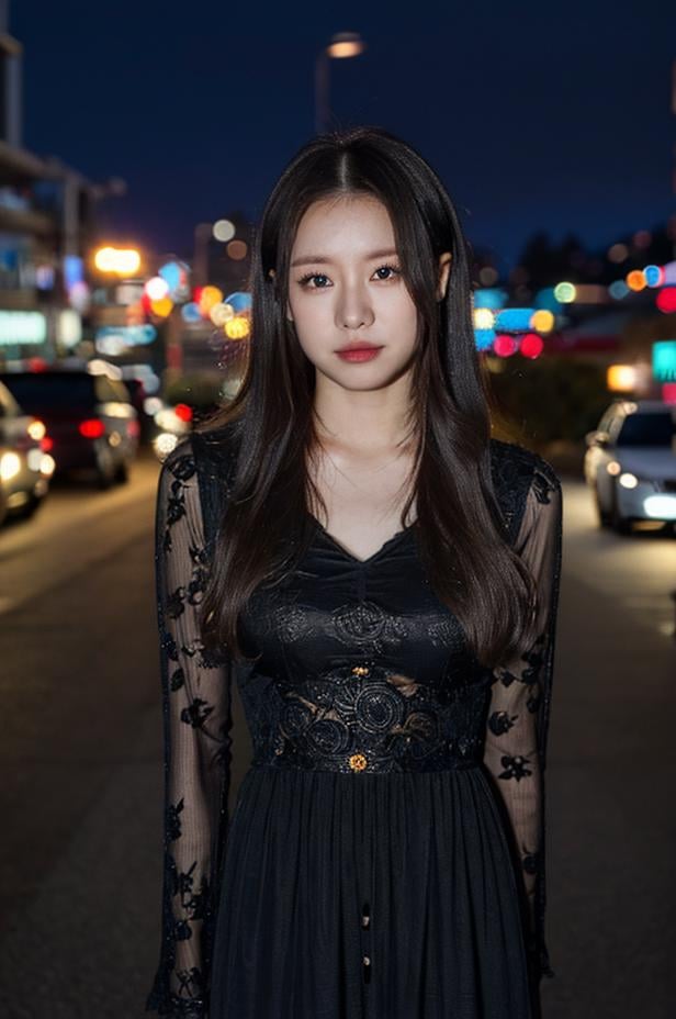 best quality, (((1girl))), solo, (bokeh:1.5), ((looking at viewer)), looking at viewer, ((ultra-detailed eyes and pupils)), black eyes, dress, (standing against a street at night), (night:1.5), <lora:siolorashy:1>