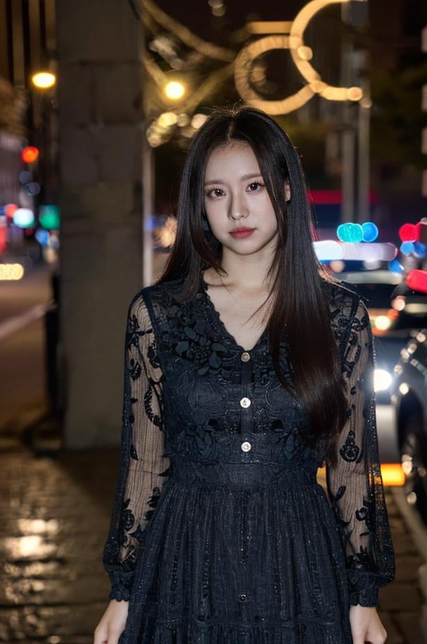 best quality, (((1girl))), solo, (bokeh:1.5), ((looking at viewer)), looking at viewer, ((ultra-detailed eyes and pupils)), black eyes, dress, (standing against a street at night), (night:1.5), <lora:siolorashy:1>