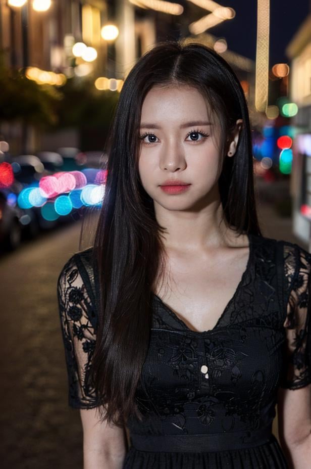 best quality, (((1girl))), solo, (bokeh:1.5), ((looking at viewer)), looking at viewer, ((ultra-detailed eyes and pupils)), black eyes, dress, (standing against a street at night), (night:1.5), <lora:siolorashy:1>