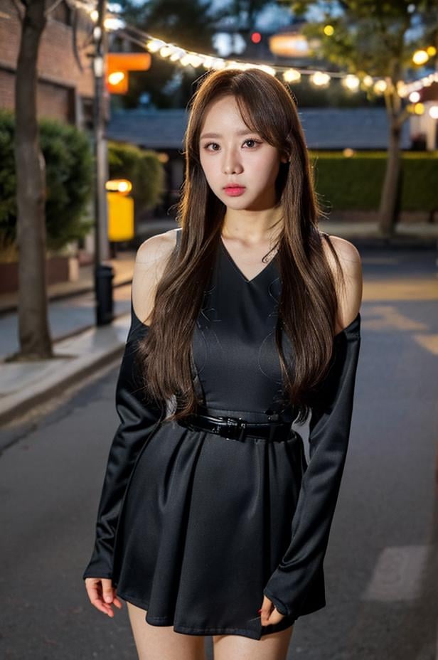 best quality, (((1girl))), solo, (bokeh:1.5), (realistic:1.2), ((looking at viewer)),  looking at viewer, ((ultra-detailed eyes and pupils)), black eyes, ultra detailed, tight dress, (standing against a street at night), (night:1.5), <lora:saenalorashy:1>