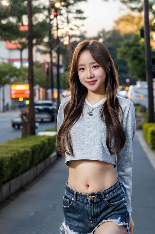 best quality, (((1girl))), solo, (bokeh:1.5), (realistic:1.2), ((looking at viewer)),  looking at viewer, ((ultra-detailed eyes and pupils)), black eyes, ultra detailed, crop top, (standing against a street at night), (night:1.5), smile, navel, <lora:saenalorashy:1>