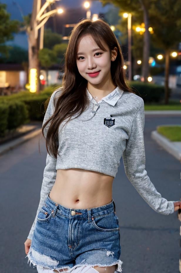 best quality, (((1girl))), solo, (bokeh:1.5), (realistic:1.2), ((looking at viewer)),  looking at viewer, ((ultra-detailed eyes and pupils)), black eyes, ultra detailed, crop top, (standing against a street at night), (night:1.5), smile, navel, abs, <lora:saenalorashy:1>