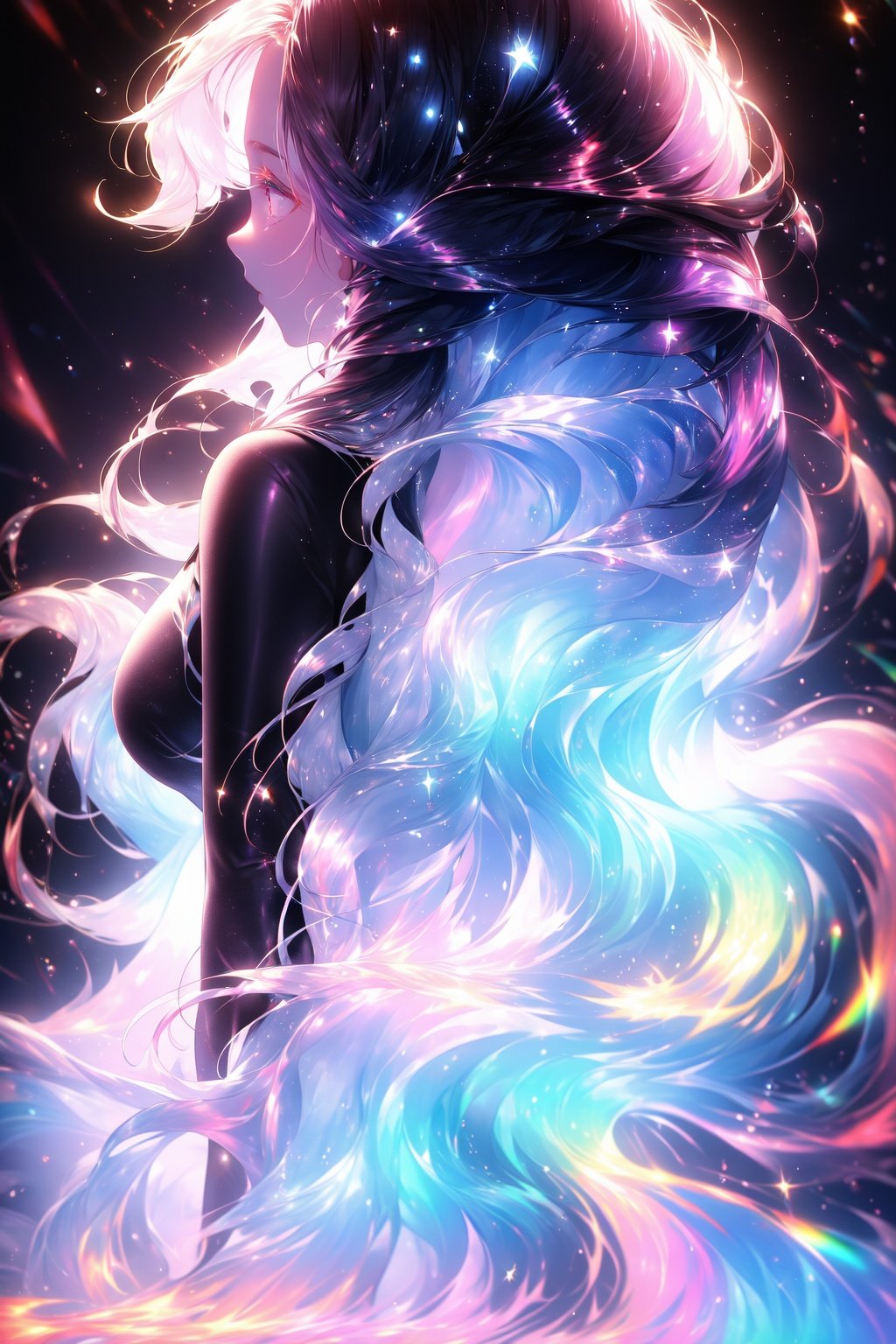 back view, rainbowhair, black hair,Luminescence, 1girl, masterpiece, top quality, best quality, official art, beautiful and aesthetic, extreme detailed,colorful,highest detailed,Best quality, 8k, cg, 