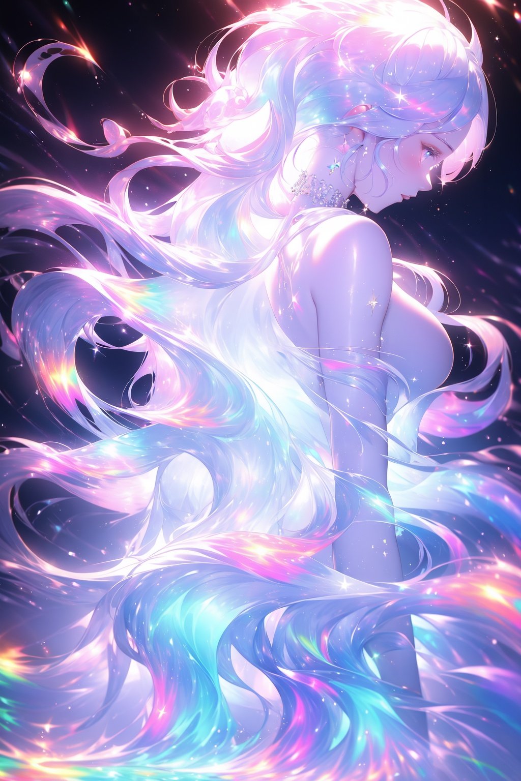 back view, rainbowhair, Luminescence, 1girl, masterpiece, top quality, best quality, official art, beautiful and aesthetic, extreme detailed,colorful,highest detailed,Best quality, 8k, cg, 