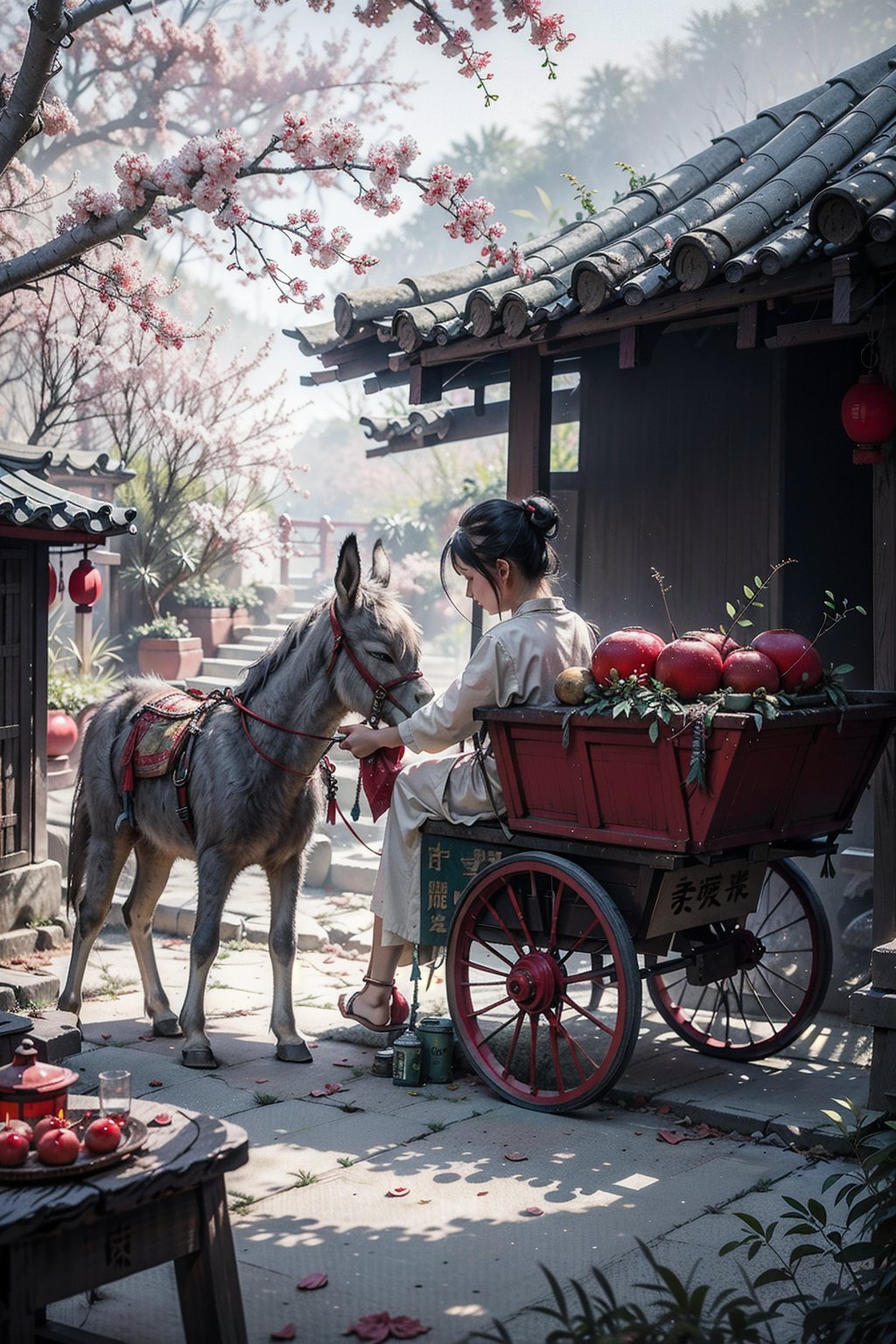 <lora:ChineseWatercolorPainting:0.8>,Best quality,masterpiece,dynamic angle,highest detail,(clearness:1.3),raditional chinese watercolor painting,1 girl,donkey,tree,build,cart,green leaf,the red lantern,sandal,red fruit,