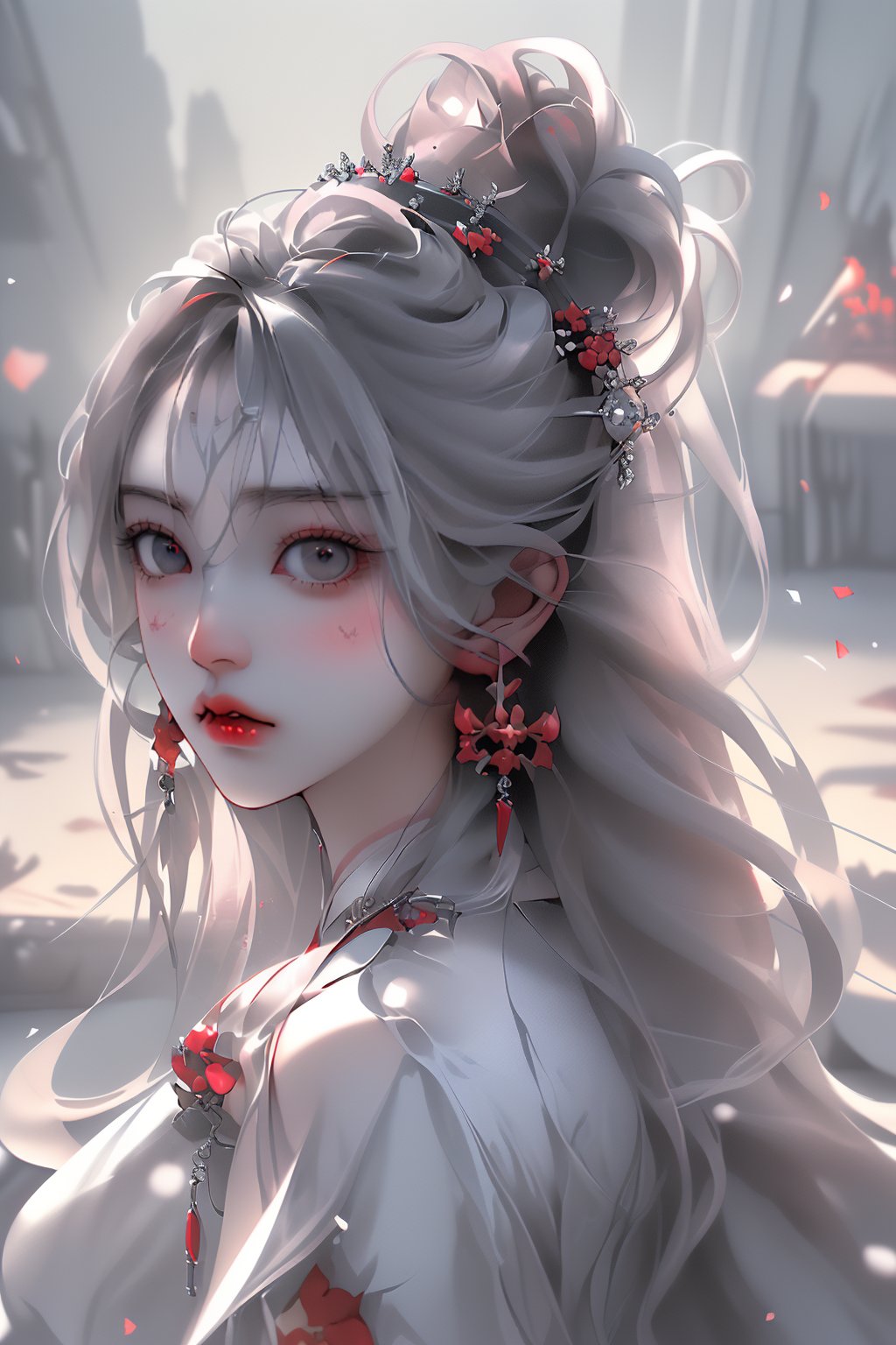 parameters: "best quality,masterpiece,dynamic angle,highest detailed,(half body:1.3), beautiful portrait, 1 girl, gray white long hair, backlit, sideways, with red earrings, looking at the audience