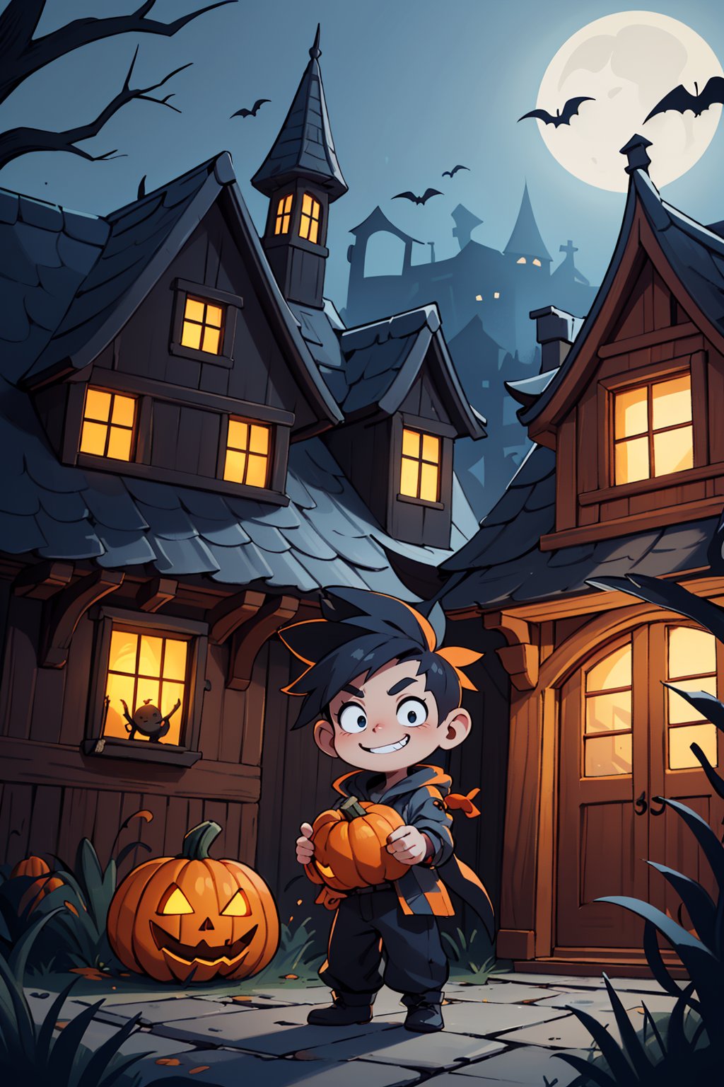 a mischievous boy in a Halloween costume, standing in front of a haunting house with a pumpkin in hand. The boy's costume is a playful yet spooky creation, with vibrant colors, whimsical accessories, and a mischievous grin on his face. He holds a perfectly carved pumpkin, its candlelight flickering with an enchanting glow. The haunting house behind him exudes an air of mystery, with its looming presence, creaking doors, and eerie shadows