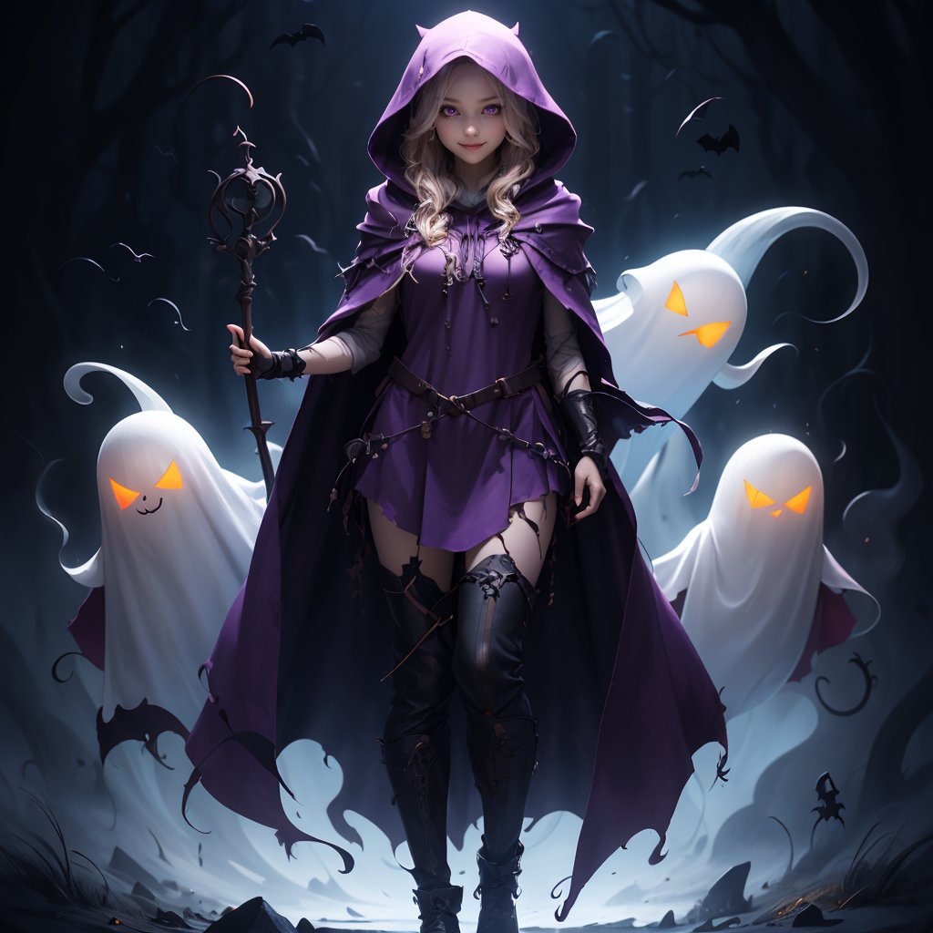 solo, looking at viewer, smile, purple eyes, full body, hood, pink eyes, no humans, glowing, glowing eyes, cloak, hood up, ghost, straight-on, hooded cloak, ghost costume
 halloween