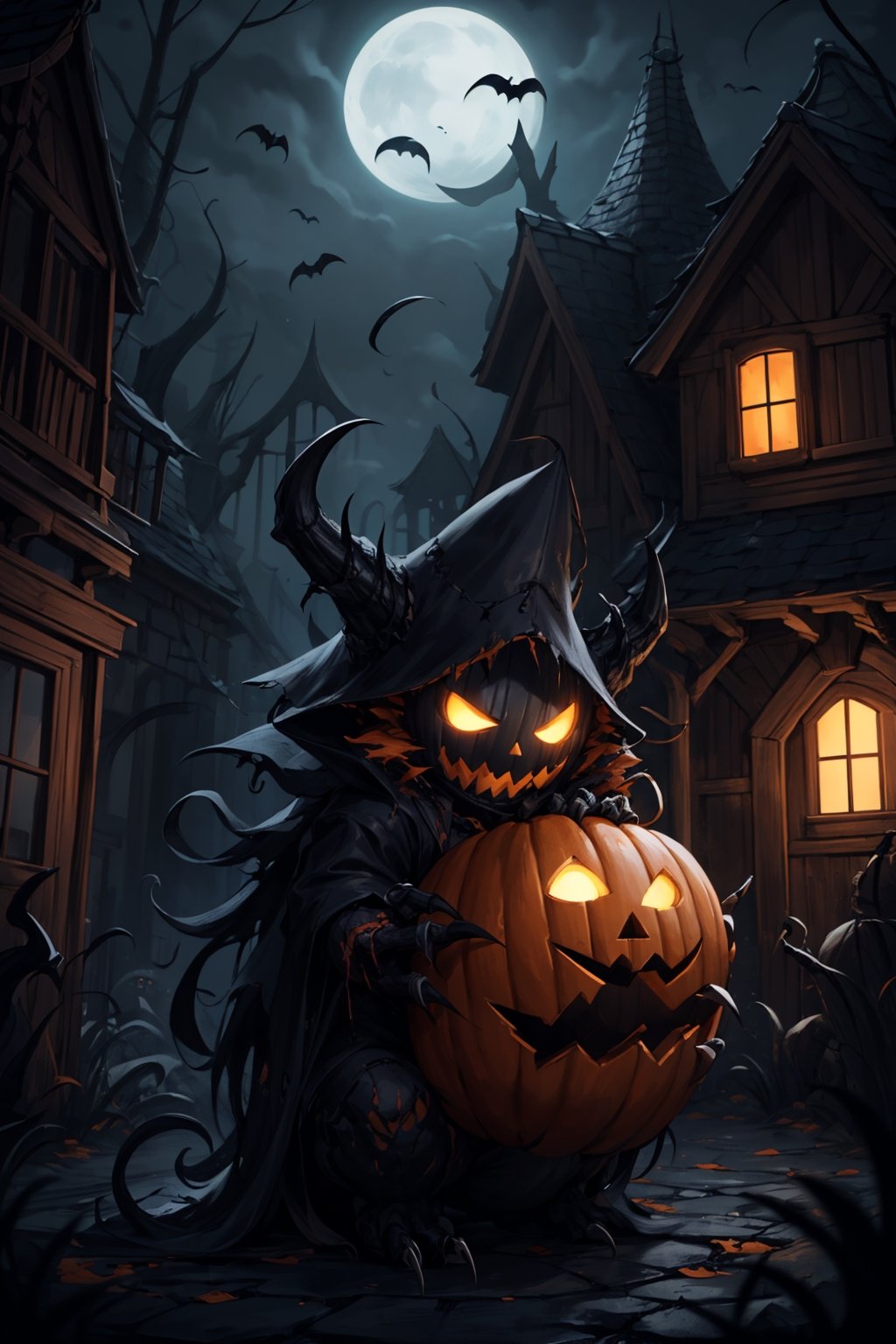 a menacing monster in a Halloween costume, lurking outside a haunting house, clutching a pumpkin in its gnarled claws. The monster's custom is a nightmarish creation, with tattered fabric, sharp fangs, and glowing eyes that pierce through the darkness. The haunting house looms behind, its weathered facade and broken windows adding to the eerie atmosphere. The pumpkin held by the monster is intricately carved with a wicked grin, its candlelight casting eerie shadows on the surroundings. 