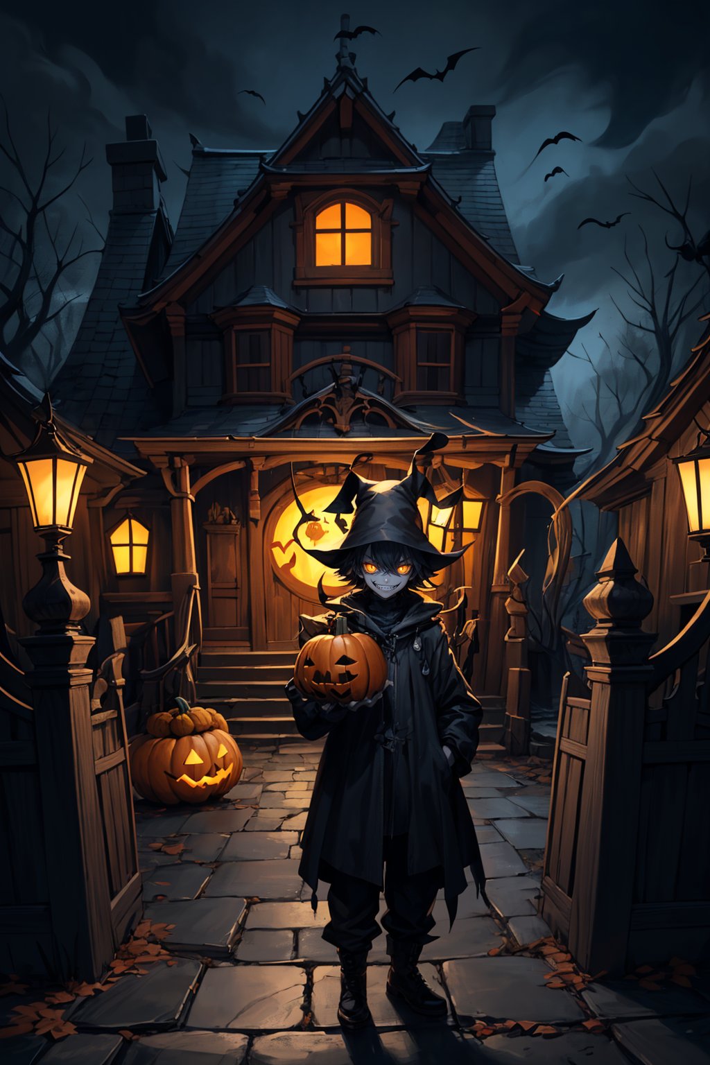 a mischievous boy in a Halloween costume, standing in front of a haunting house with a pumpkin in hand. The boy's costume is a playful yet spooky creation, with vibrant colors, whimsical accessories, and a mischievous grin on his face. He holds a perfectly carved pumpkin, its candlelight flickering with an enchanting glow. The haunting house behind him exudes an air of mystery, with its looming presence, creaking doors, and eerie shadows