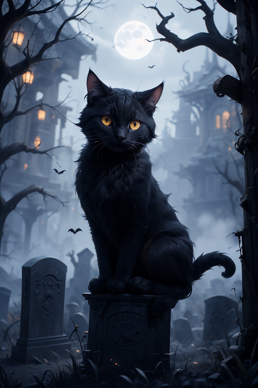 photo of a graveyard on Halloween night, with a mysterious black cat perched on an ancient tombstone. The graveyard is shrouded in darkness, with moonlight casting an ethereal glow on the weathered gravestones. Wisps of fog drift through the air, adding to the eerie atmosphere. The black cat, with its piercing green eyes, adds an element of mystery and superstition to the scene.