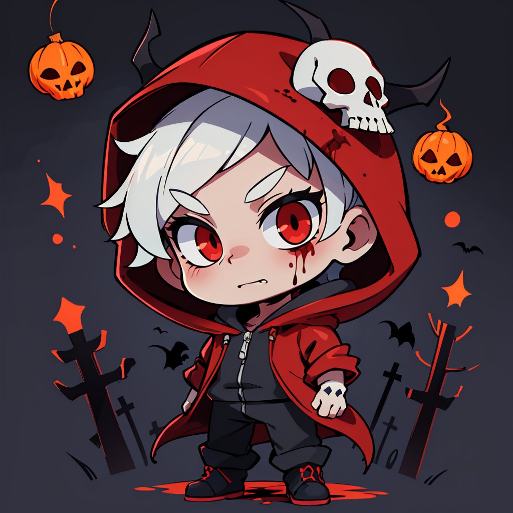 solo, looking at viewer, red eyes, 1boy, standing, full body, male focus, hood, chibi, blood, mask, glowing, glowing eyes, hood up, skull, red theme, halloween